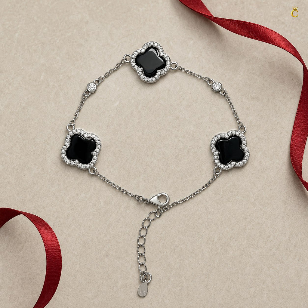 Celestora - Onyx Three Clovers Van Cliff Bracelet