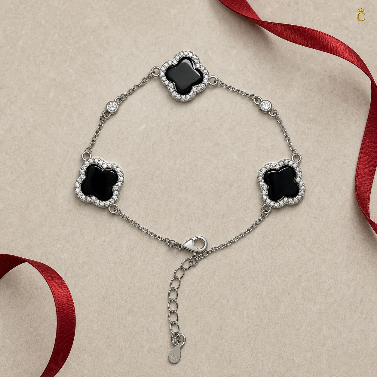 Celestora - Onyx Three Clovers Van Cliff Bracelet