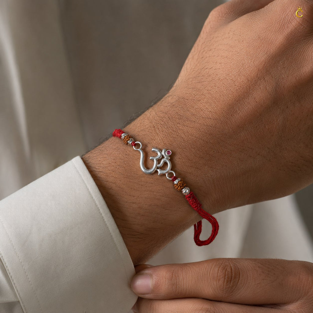 Celestora-Silver Om Rudra with traditional red-yellow sacred thread Rakhi/Bracelet
