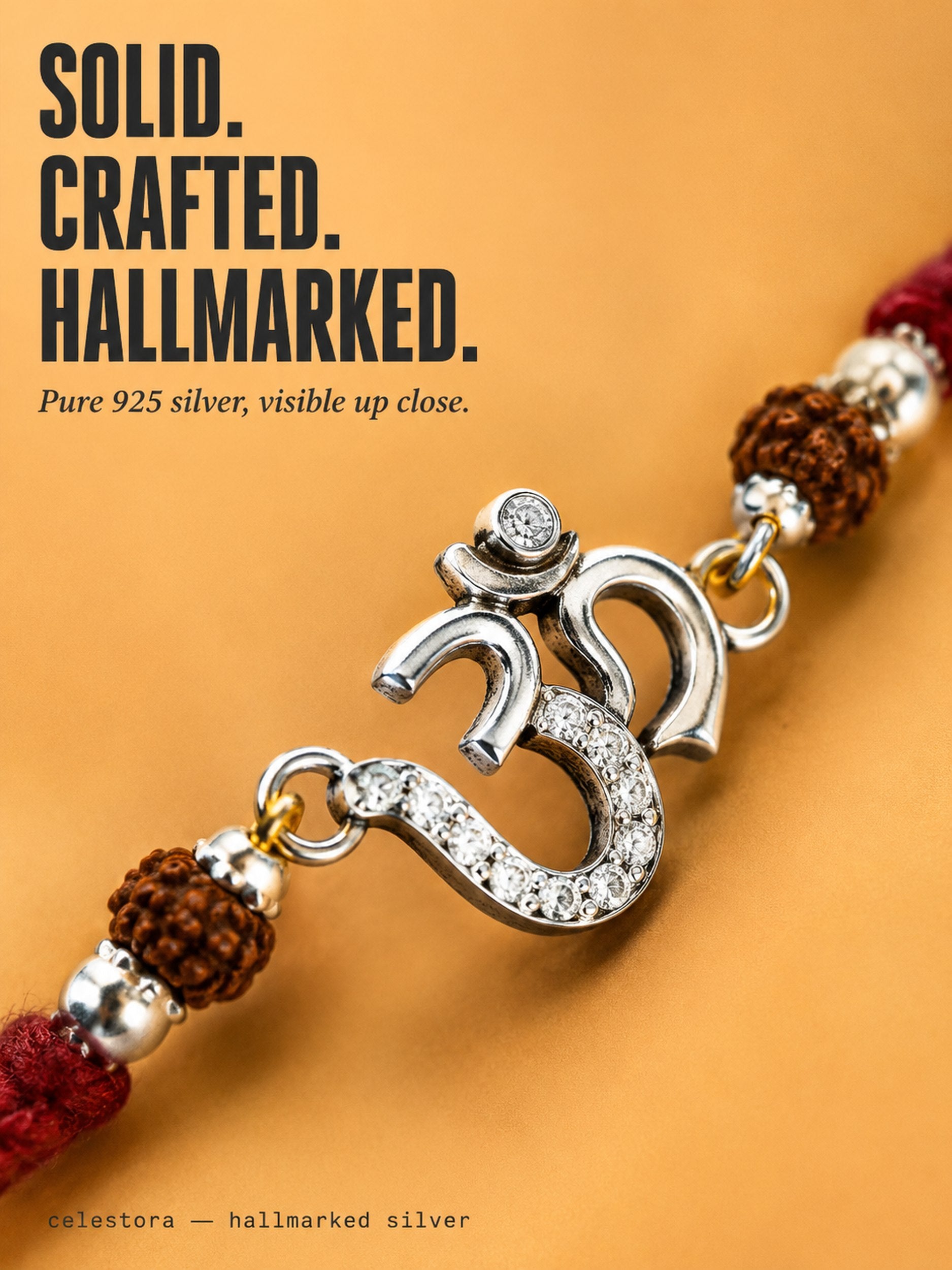 Celestora-Silver Om Rakhi with Rudraksha, CZ stones, and traditional Mauli thread