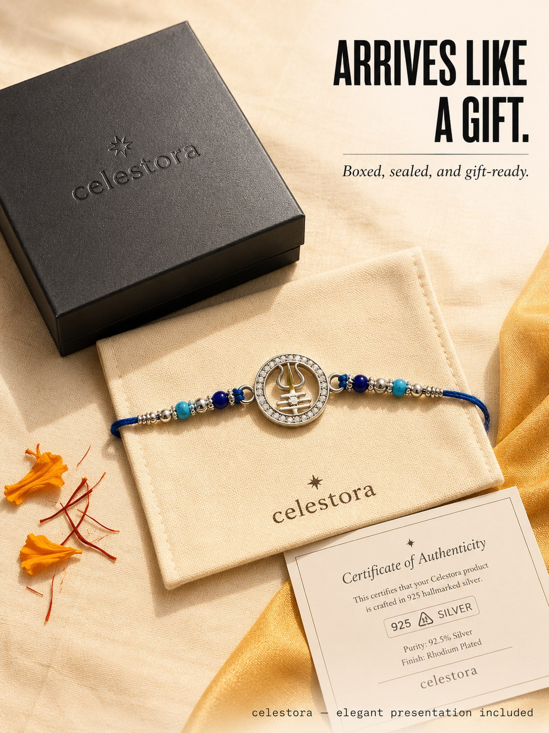 Celestora-Silver Trishul with Tripund, CZ stones, and blue spiritual beads Rakhi/Bracelet