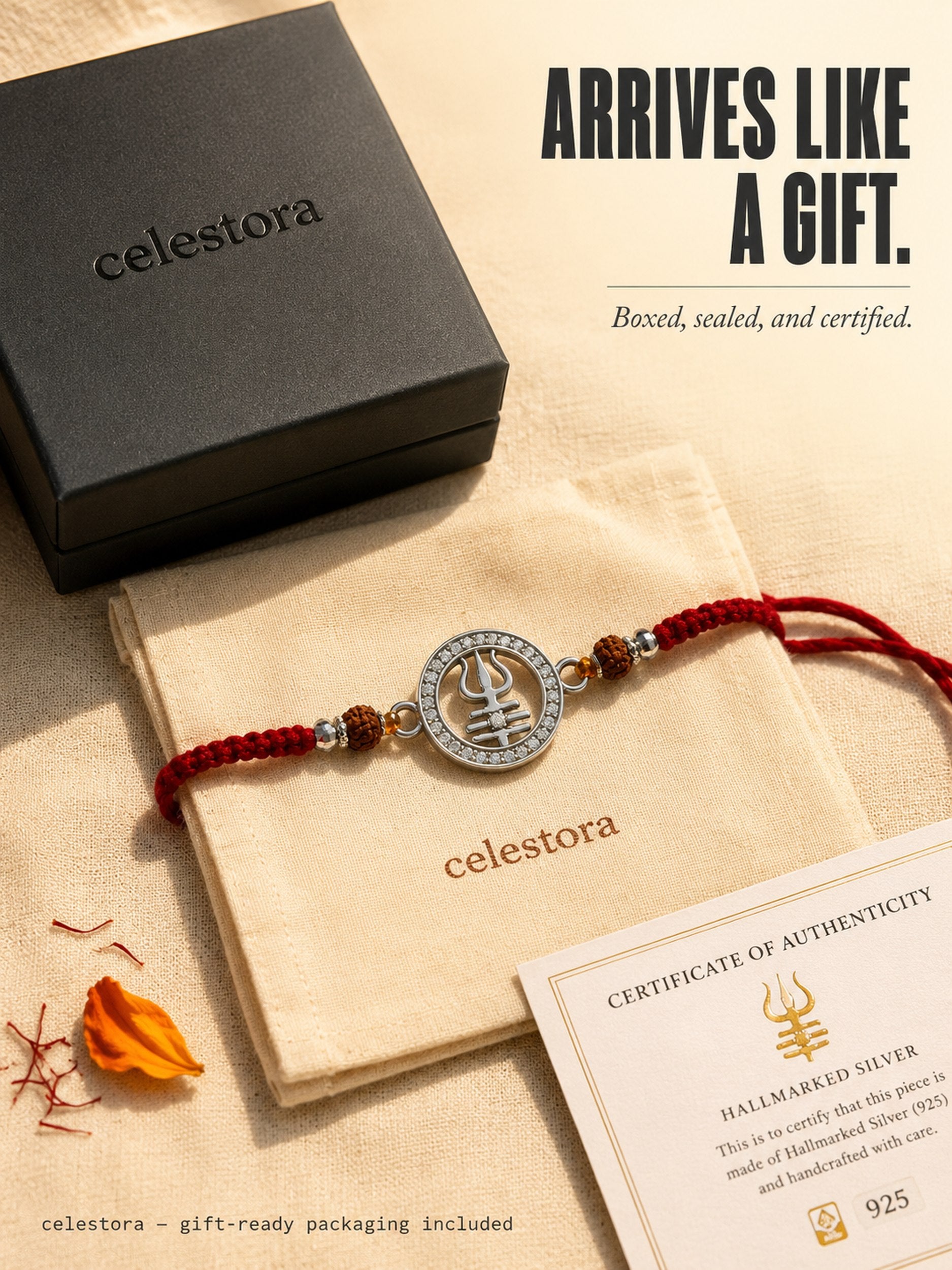 Silver Trishul Rakhi with Rudraksha and CZ stone & Mauli Dhaga