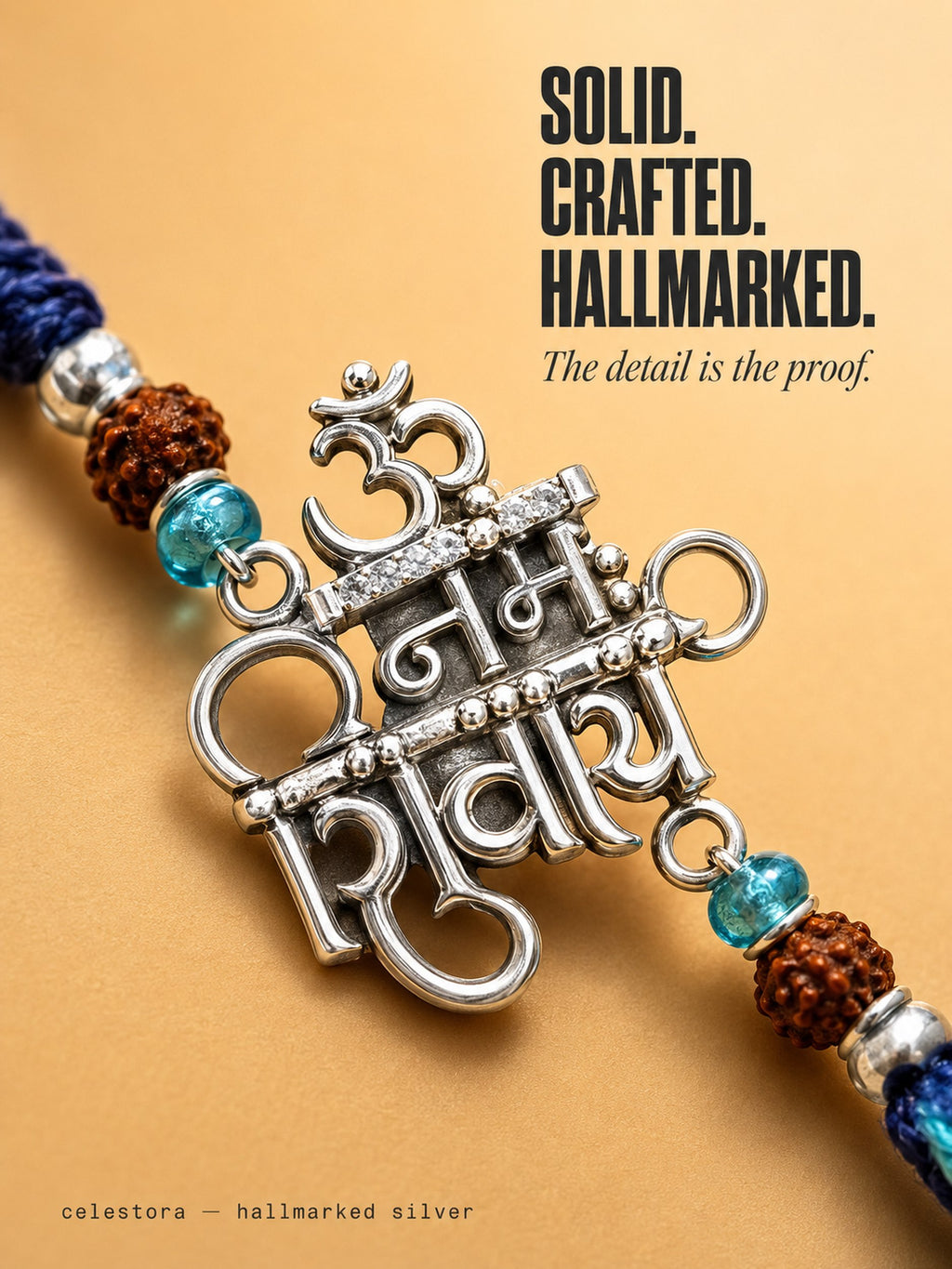 Celestora-Silver "Om Namah Shivaya" Rakhi/ Bracelet with glittering CZ stones, Rudraksha beads, and a blue sacred thread