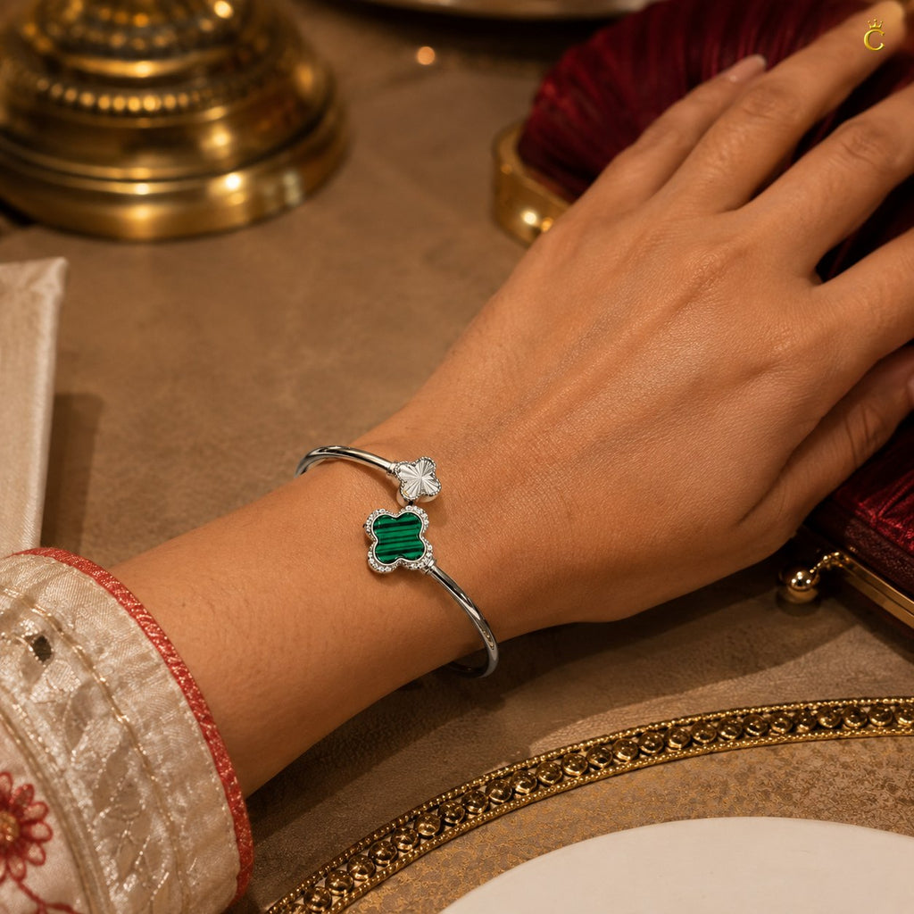 Celestora-Silver Green Clover Open Cuff / Band (Van Cleef inspired)