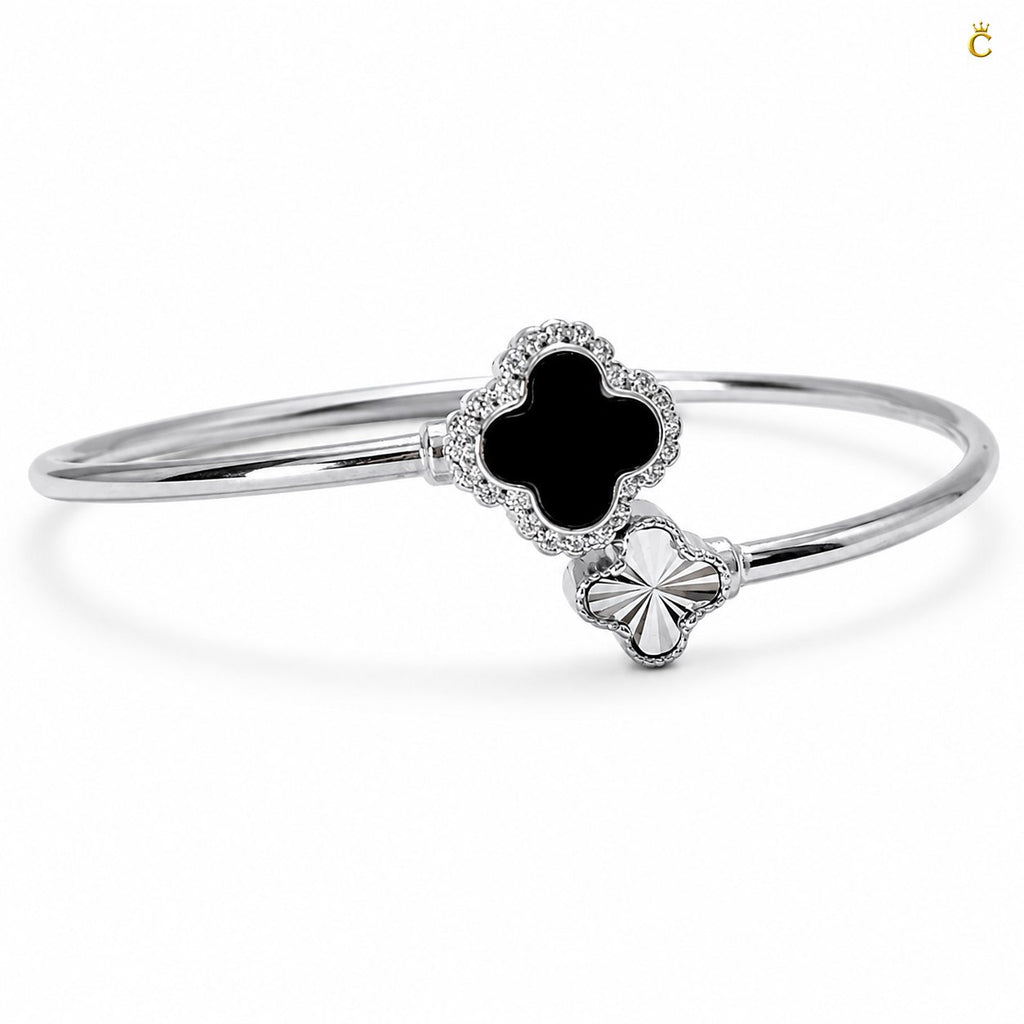 Celestora-Silver Open Cuff/Kada with a Black & Silver clover motif Vancliff design