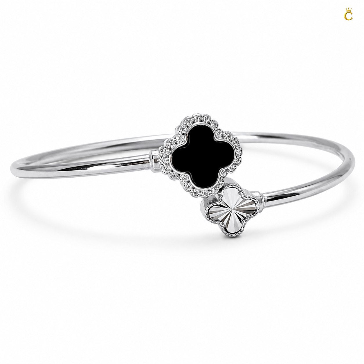 Celestora-Silver Open Cuff/Kada with a Black & Silver clover motif Vancliff design