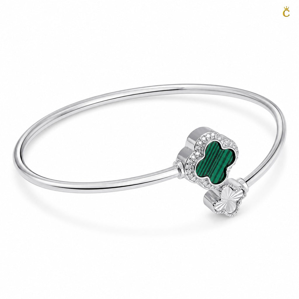 Celestora-Silver Open Cuff /Kada Van-cliff design with a Green & Silver clover motif