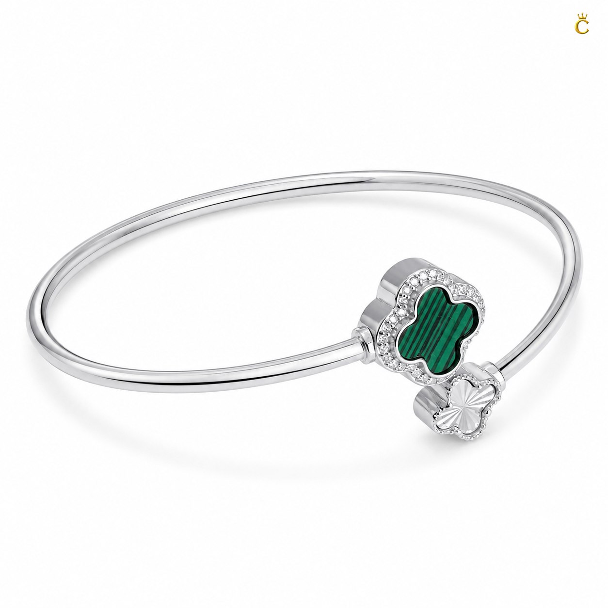 Celestora-Silver Open Cuff /Kada Van-cliff design with a Green & Silver clover motif