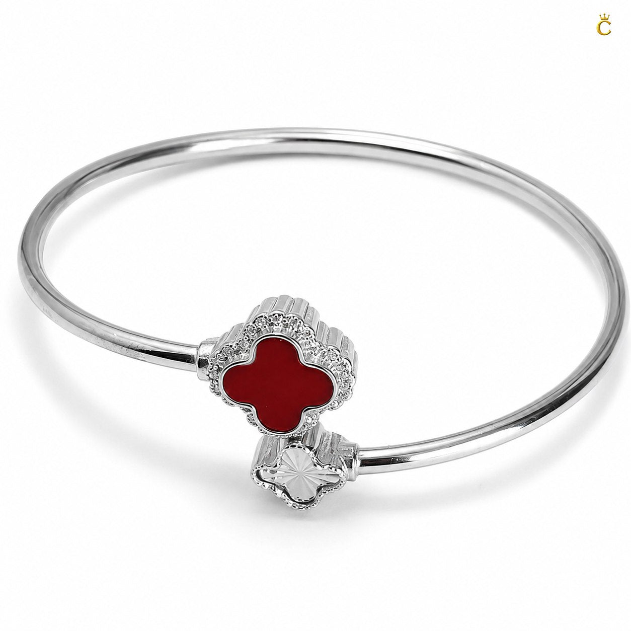 Celestora- Silver Van cliff design Ruby Clover Open cuff/ Kada