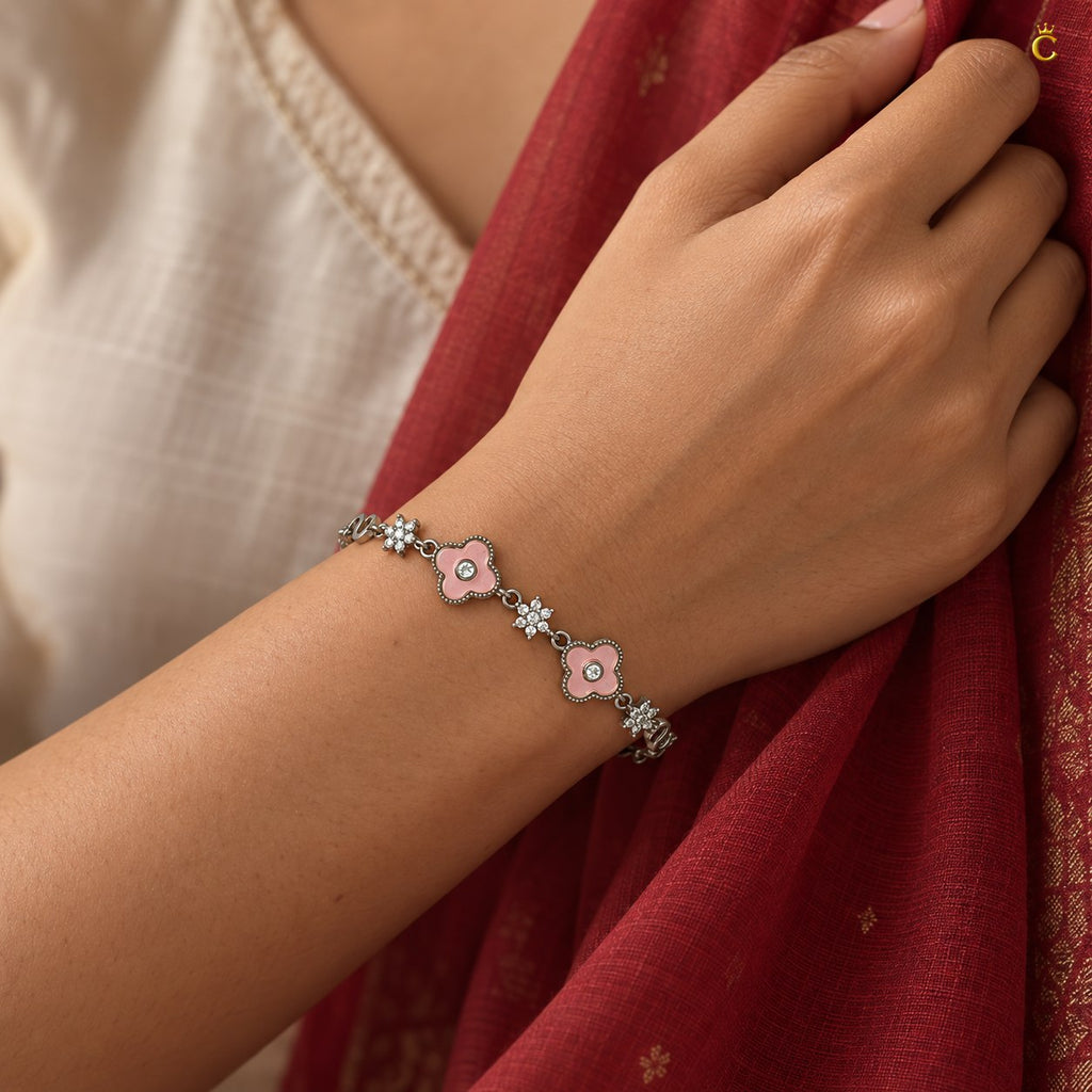 Elegant Silver pink floral adjustable /slider bracelet