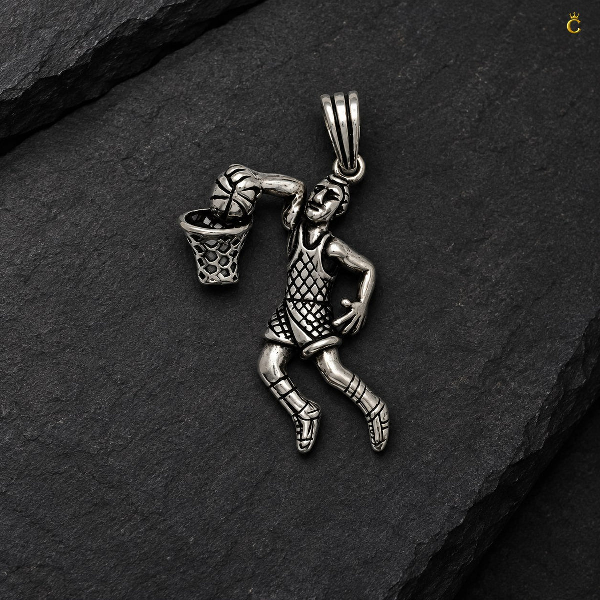 Peimium oxidized silver basket ball champ pendant