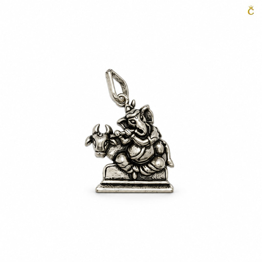 Oxidized Lord Ganesha with Bansuri and Holy cow Silver pendant