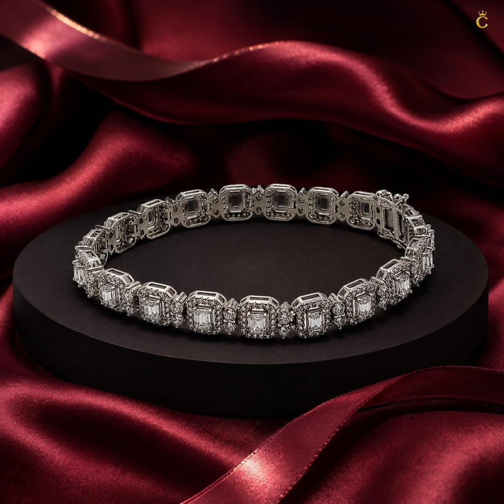 Emerald Cut Halo Diamond Link Silver Bracelet