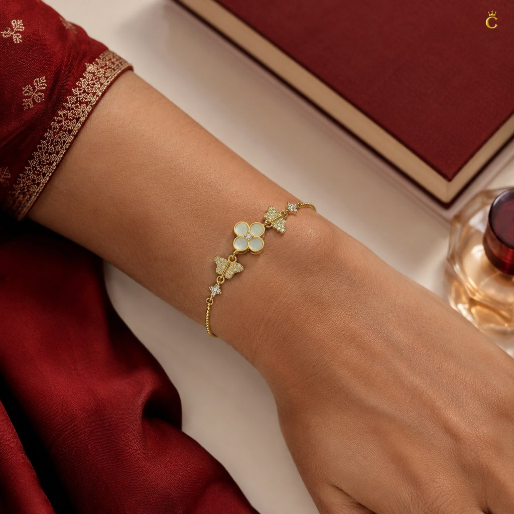 Gold Plated Silver Clover and Butterfly Charm Bracelet