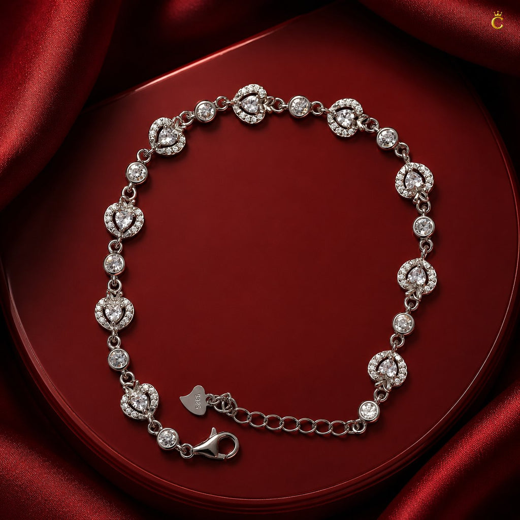 Interlinked Heart and Round Halo Silver Bracelet