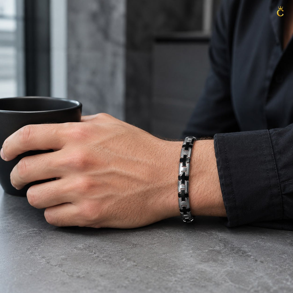 Men's Silver Black Cross Link Bracelet
