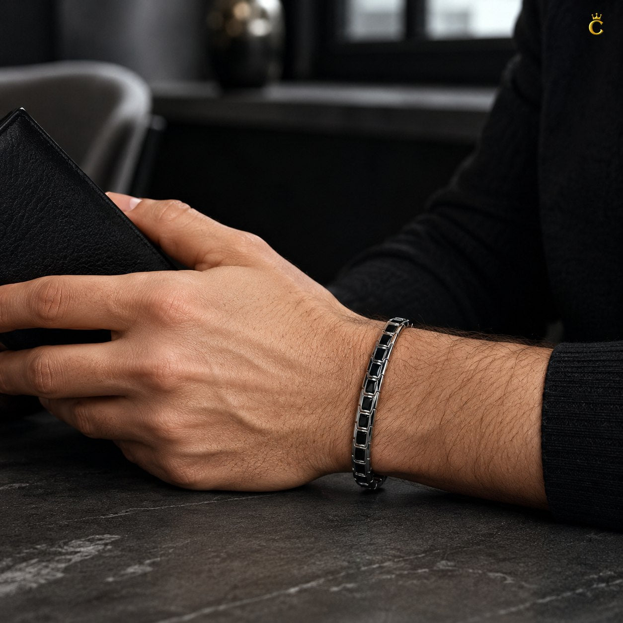 Men's Silver Geometric Link Bracelet with Black Inlay