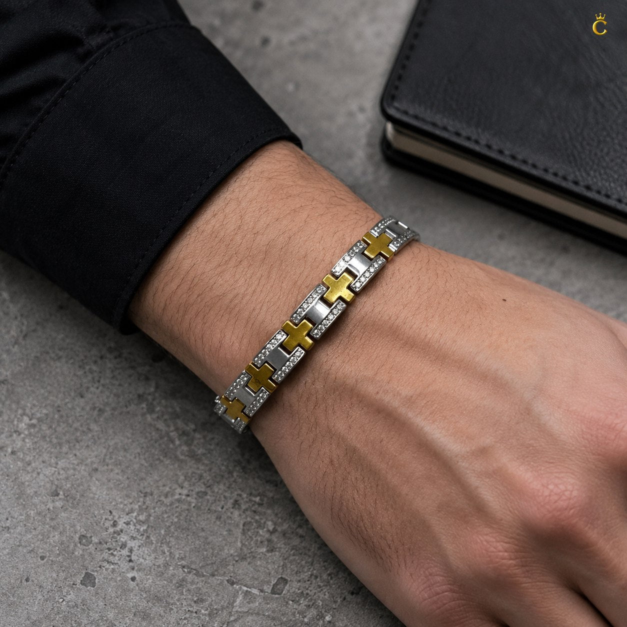 Men's Silver and Gold Toned Link Bracelet with CZ Accents