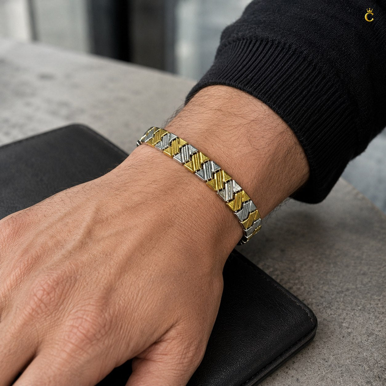Dual-Tone Geometric Link Silver Bracelet for Men