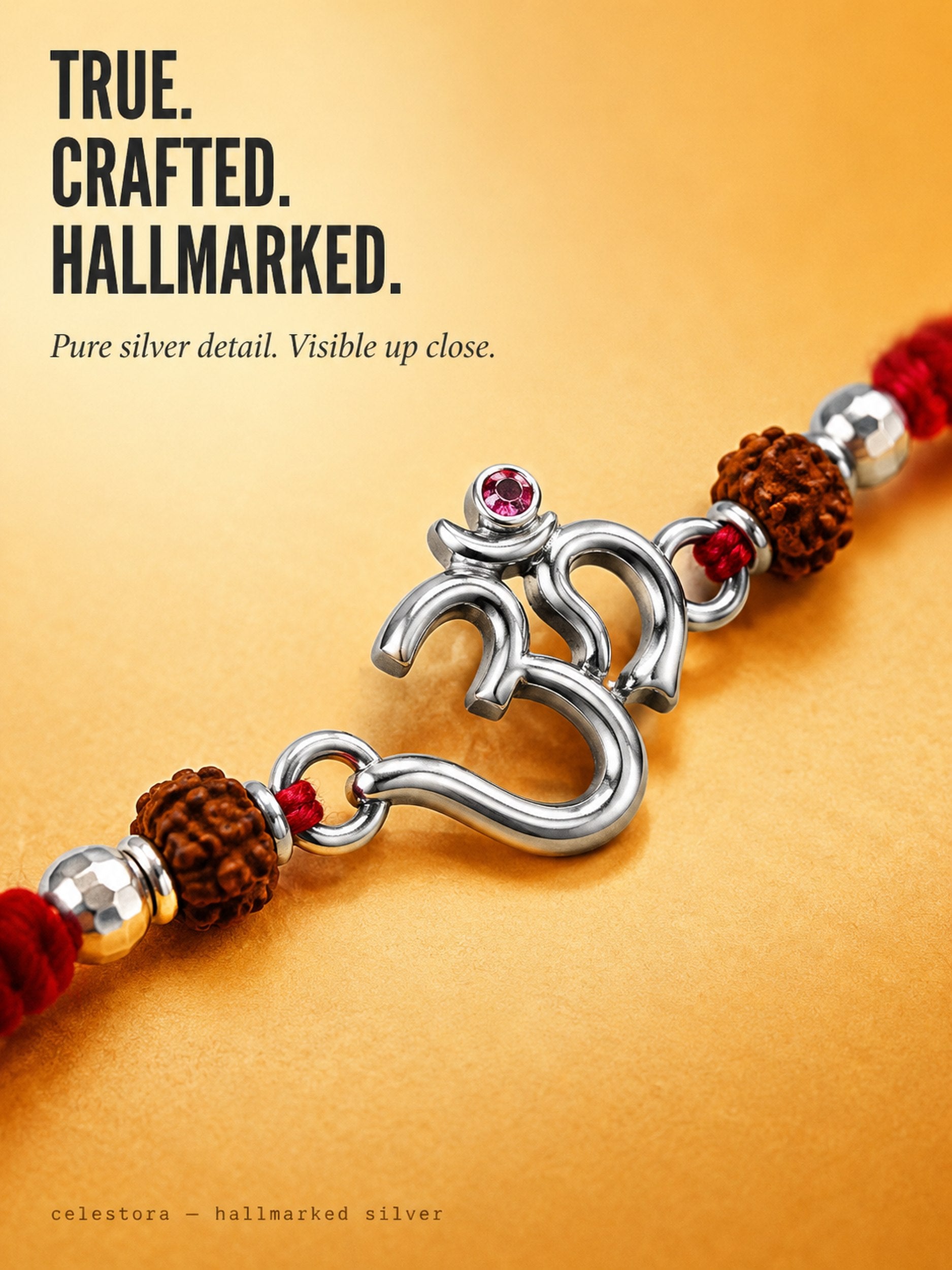 Celestora-Silver Om Rudra with traditional red-yellow sacred thread Rakhi/Bracelet