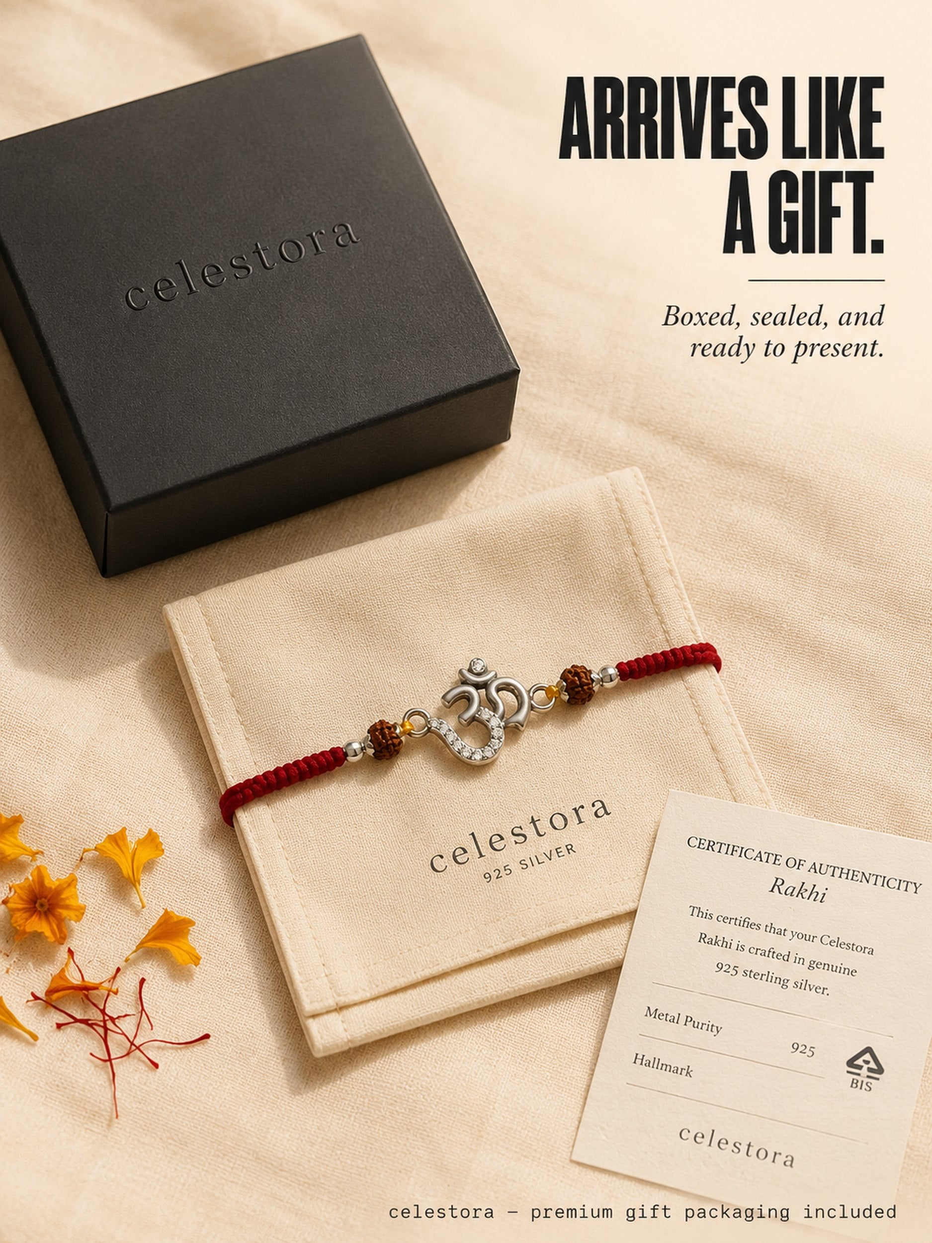 Celestora-Silver Om Rakhi with Rudraksha, CZ stones, and traditional Mauli thread