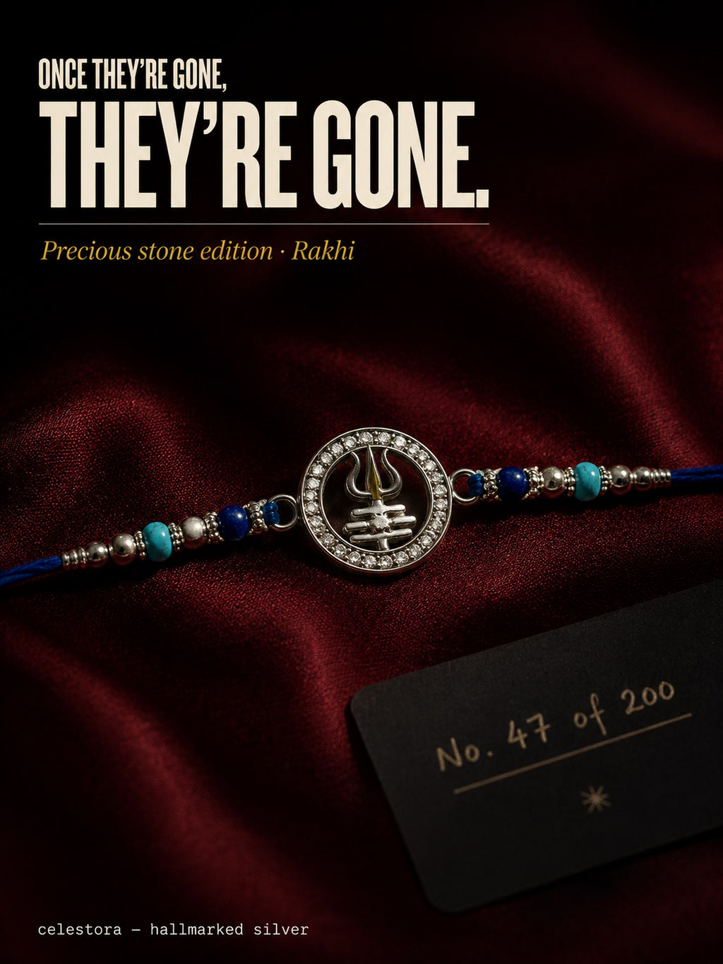 Celestora-Silver Trishul with Tripund, CZ stones, and blue spiritual beads Rakhi/Bracelet