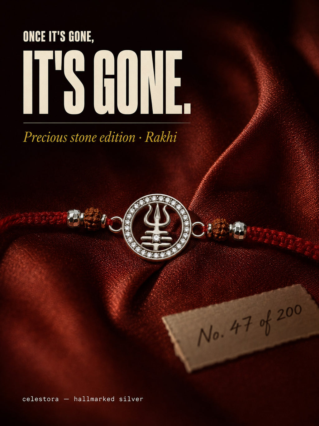 Silver Trishul Rakhi with Rudraksha and CZ stone & Mauli Dhaga