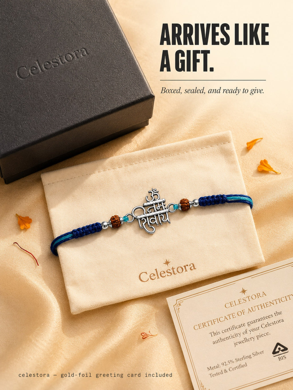 Celestora-Silver "Om Namah Shivaya" Rakhi/ Bracelet with glittering CZ stones, Rudraksha beads, and a blue sacred thread