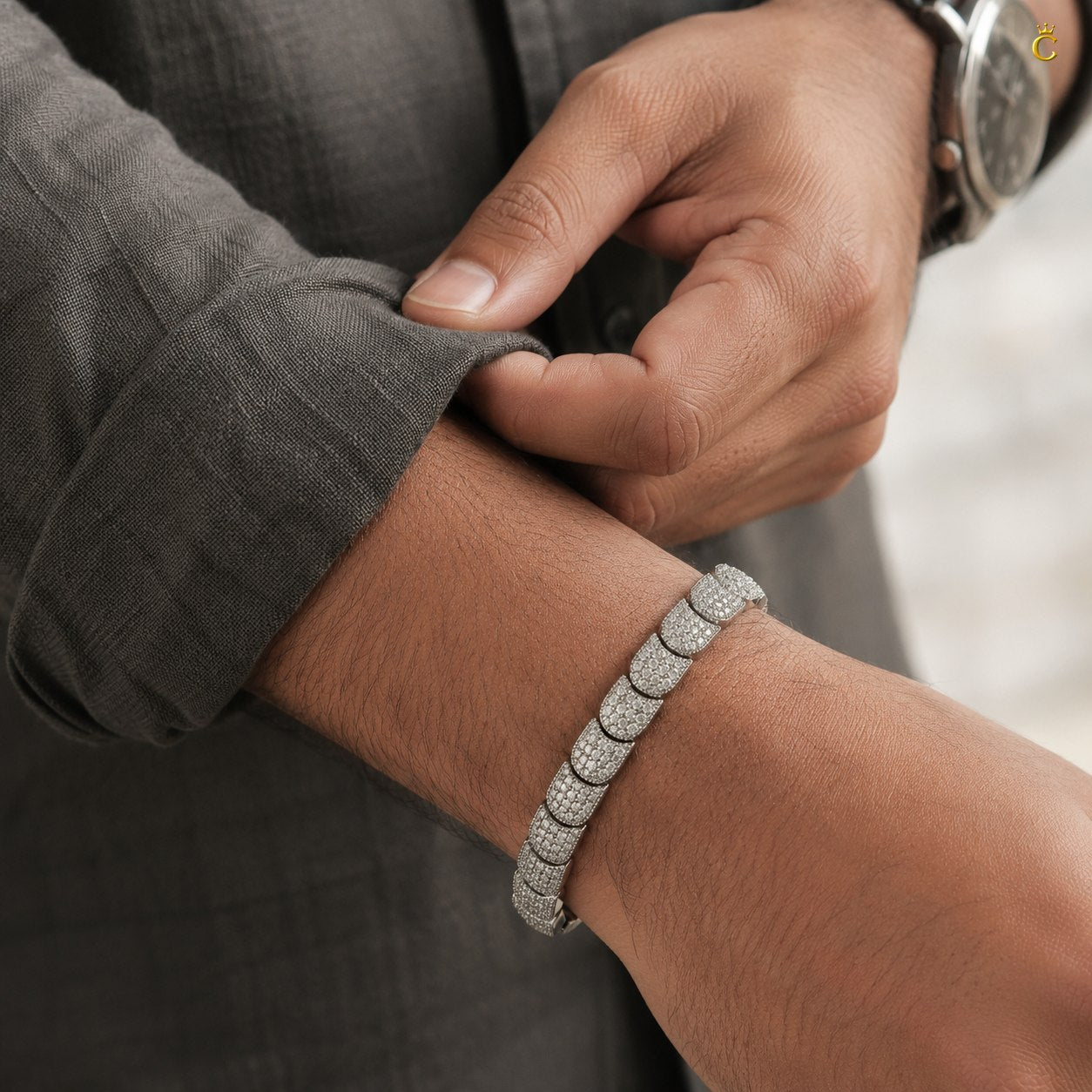 Premium Silver Pave Link Men's Bracelet