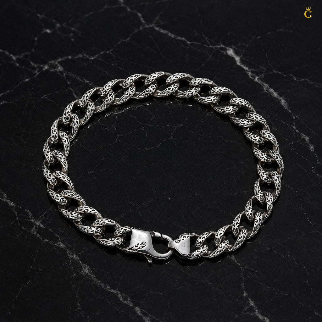 Ornate Filigree Silver Curb Link Bracelet