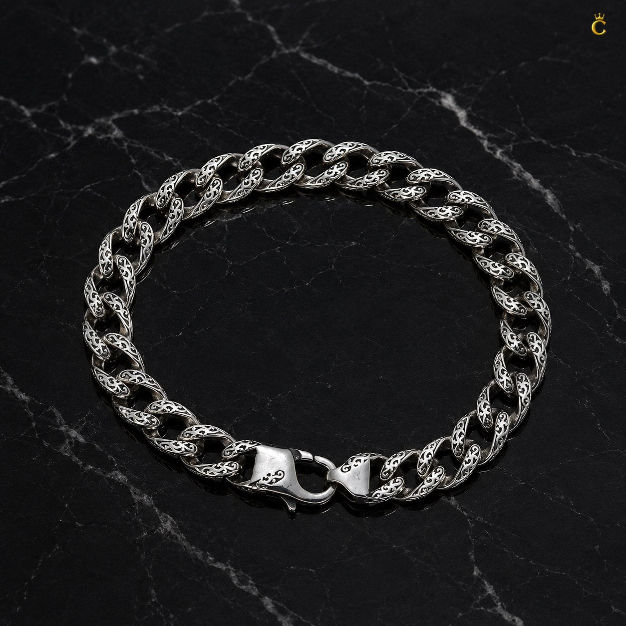 Ornate Filigree Silver Curb Link Bracelet