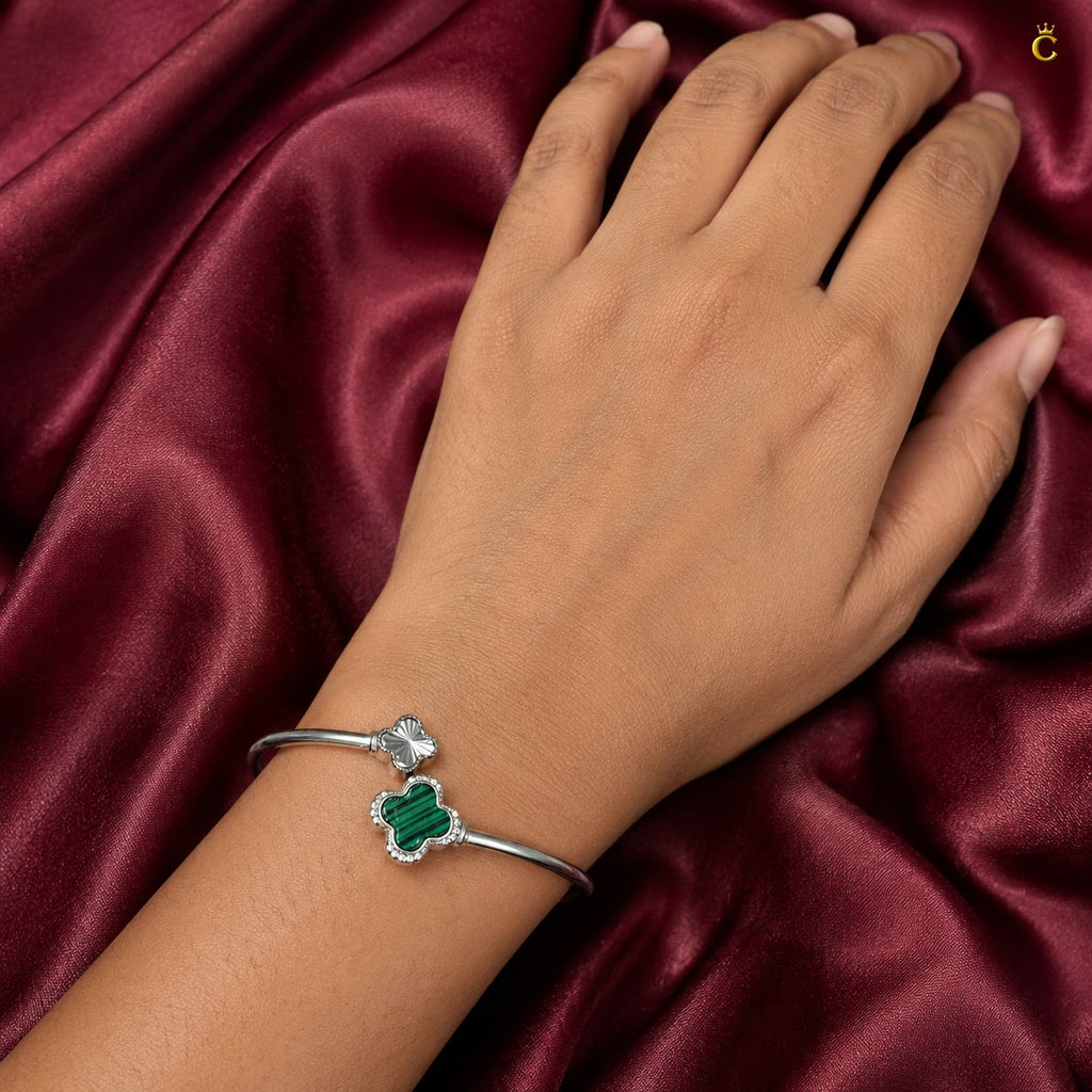 Celestora-Silver Green Clover Open Cuff / Band (Van Cleef inspired)