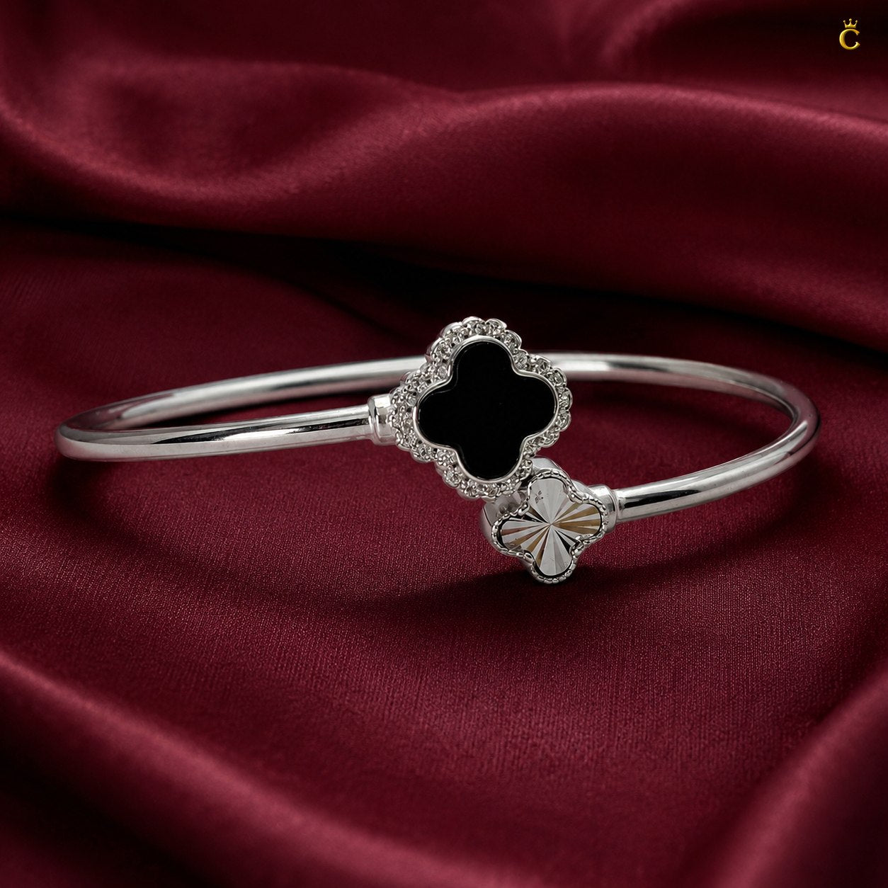 Celestora-Silver Open Cuff/Kada with a Black & Silver clover motif Vancliff design