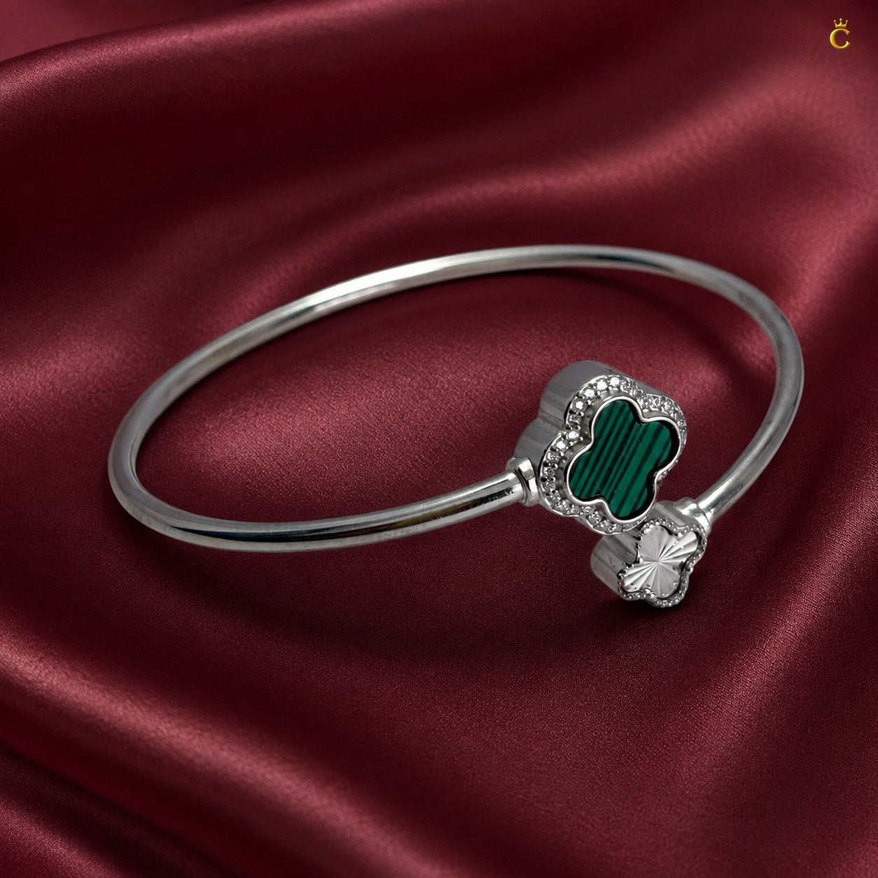 Celestora-Silver Open Cuff /Kada Van-cliff design with a Green & Silver clover motif