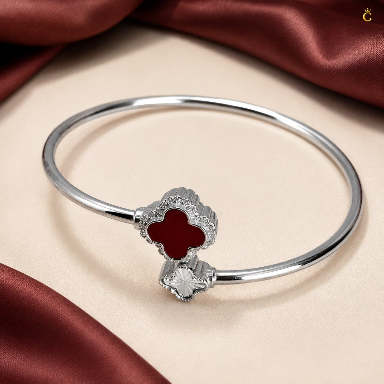 Celestora- Silver Van cliff design Ruby Clover Open cuff/ Kada