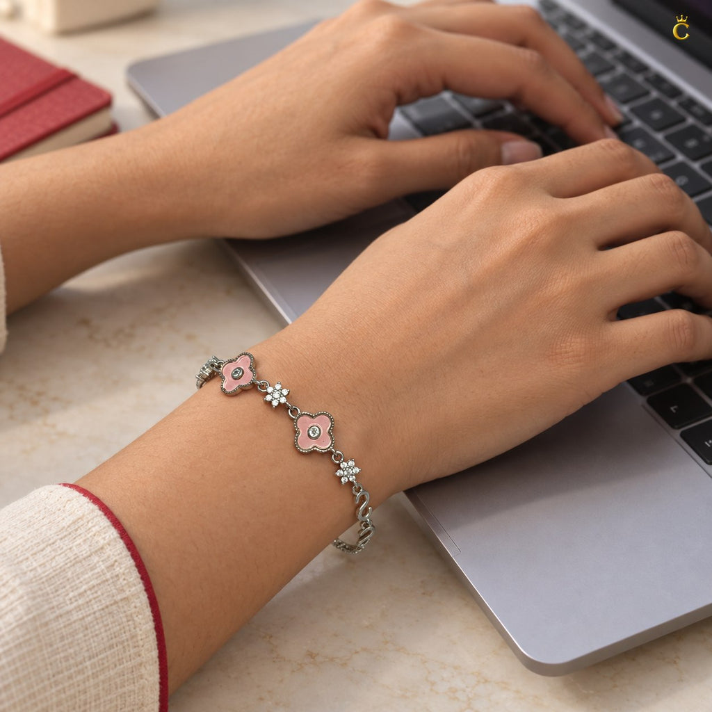 Elegant Silver pink floral adjustable /slider bracelet