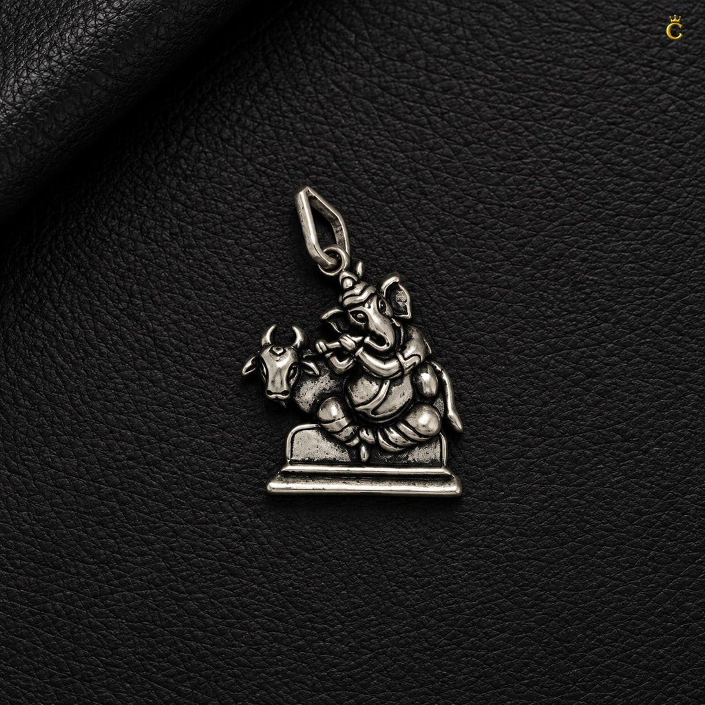 Oxidized Lord Ganesha with Bansuri and Holy cow Silver pendant