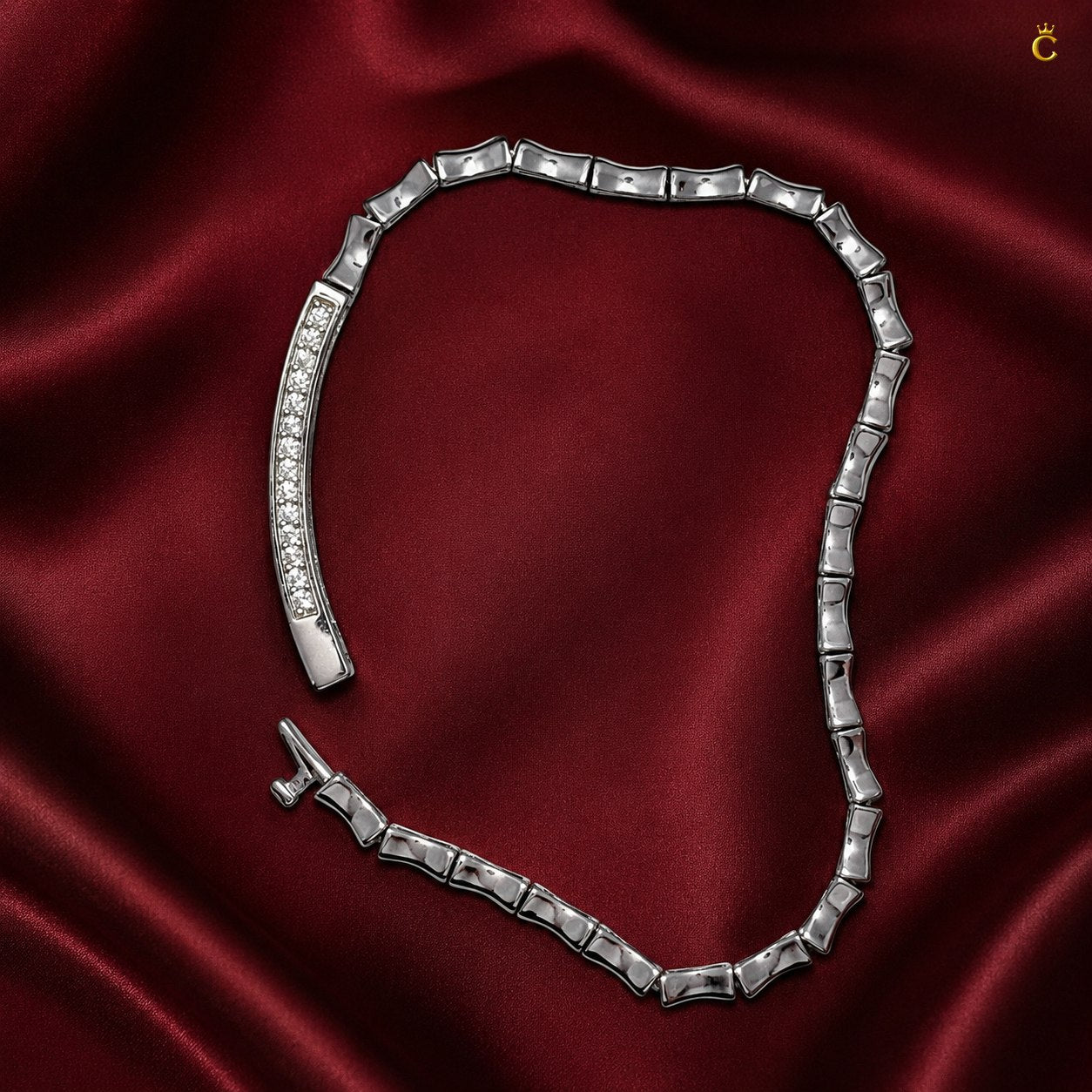 Interlocking Bamboo Bar Diamond Silver Bracelet
