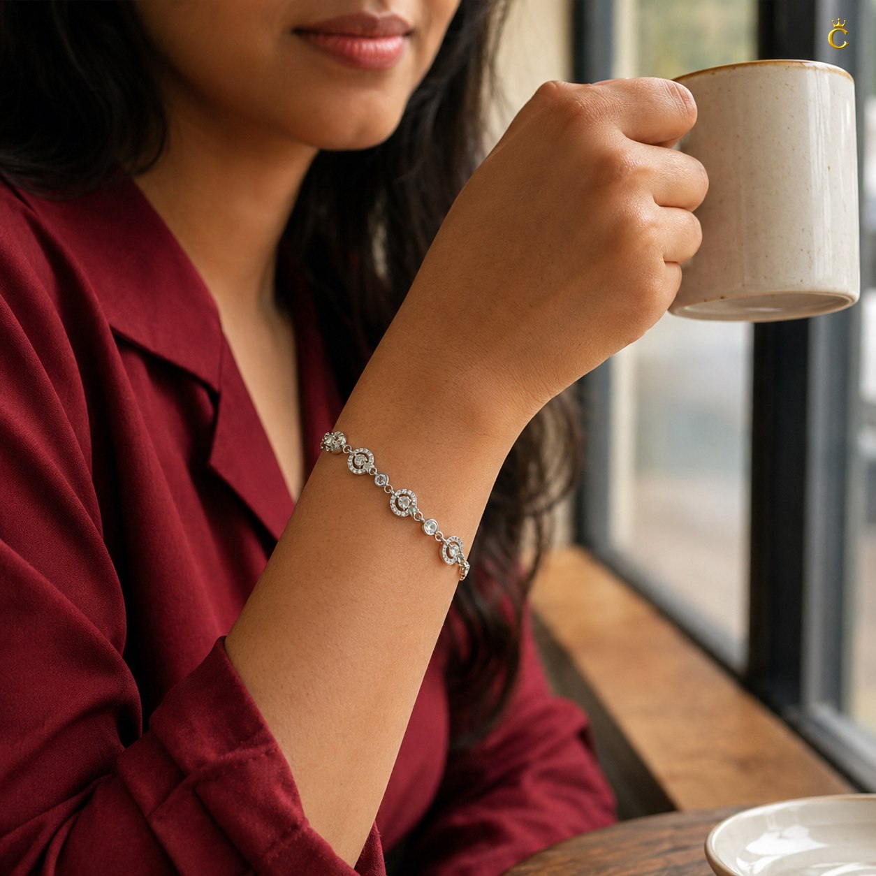 Interlinked Heart and Round Halo Silver Bracelet