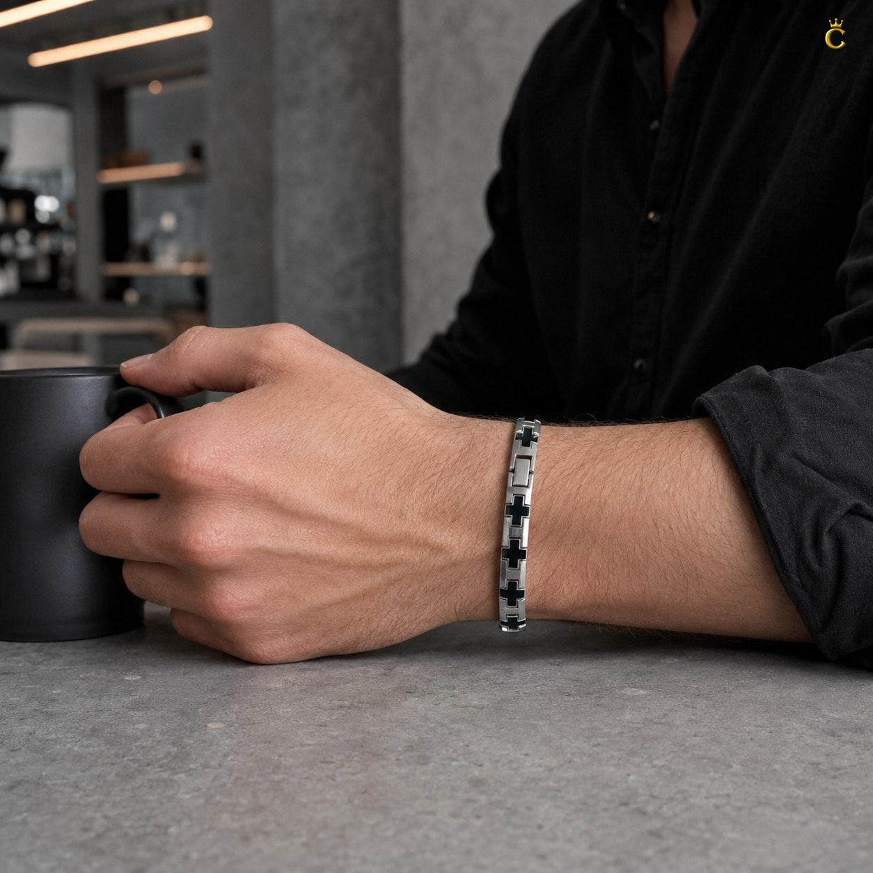 Men's Silver Black Cross Link Bracelet