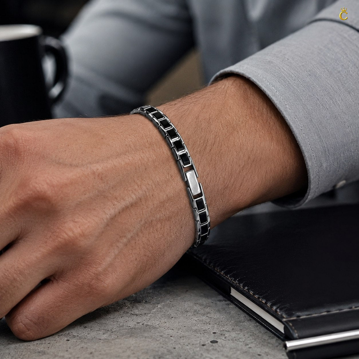 Men's Silver Geometric Link Bracelet with Black Inlay