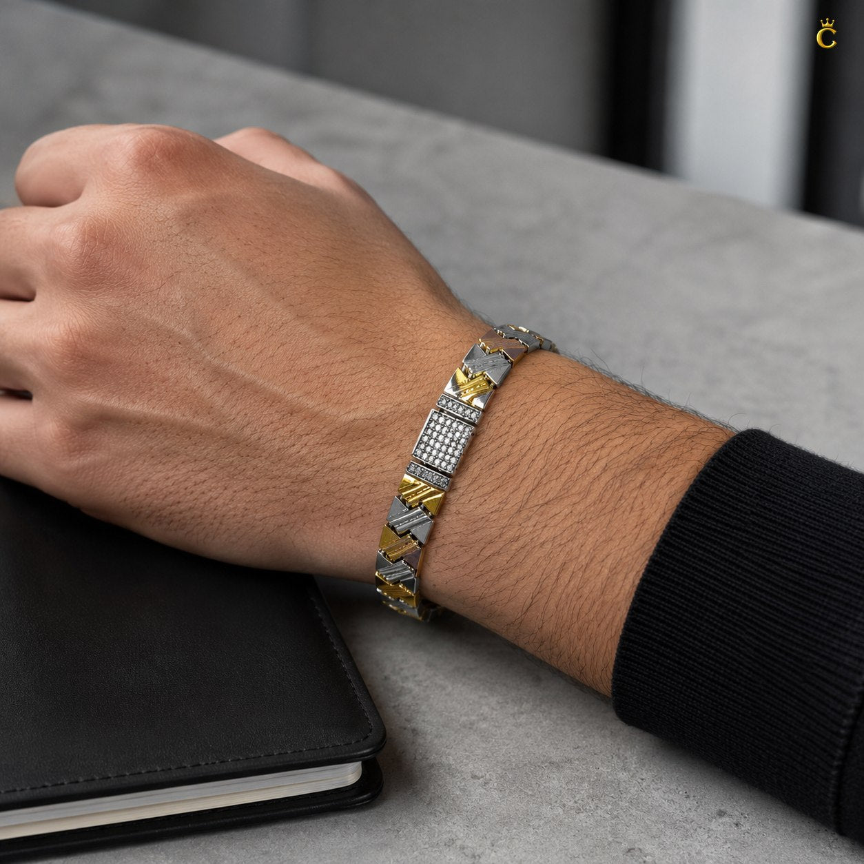Dual-Tone Geometric Link Silver Bracelet for Men