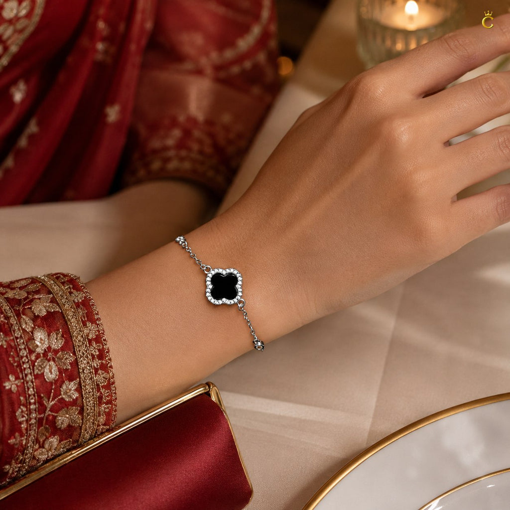 Celestora Onyx Black Clover with Zircon studded Van cliff Bracelet