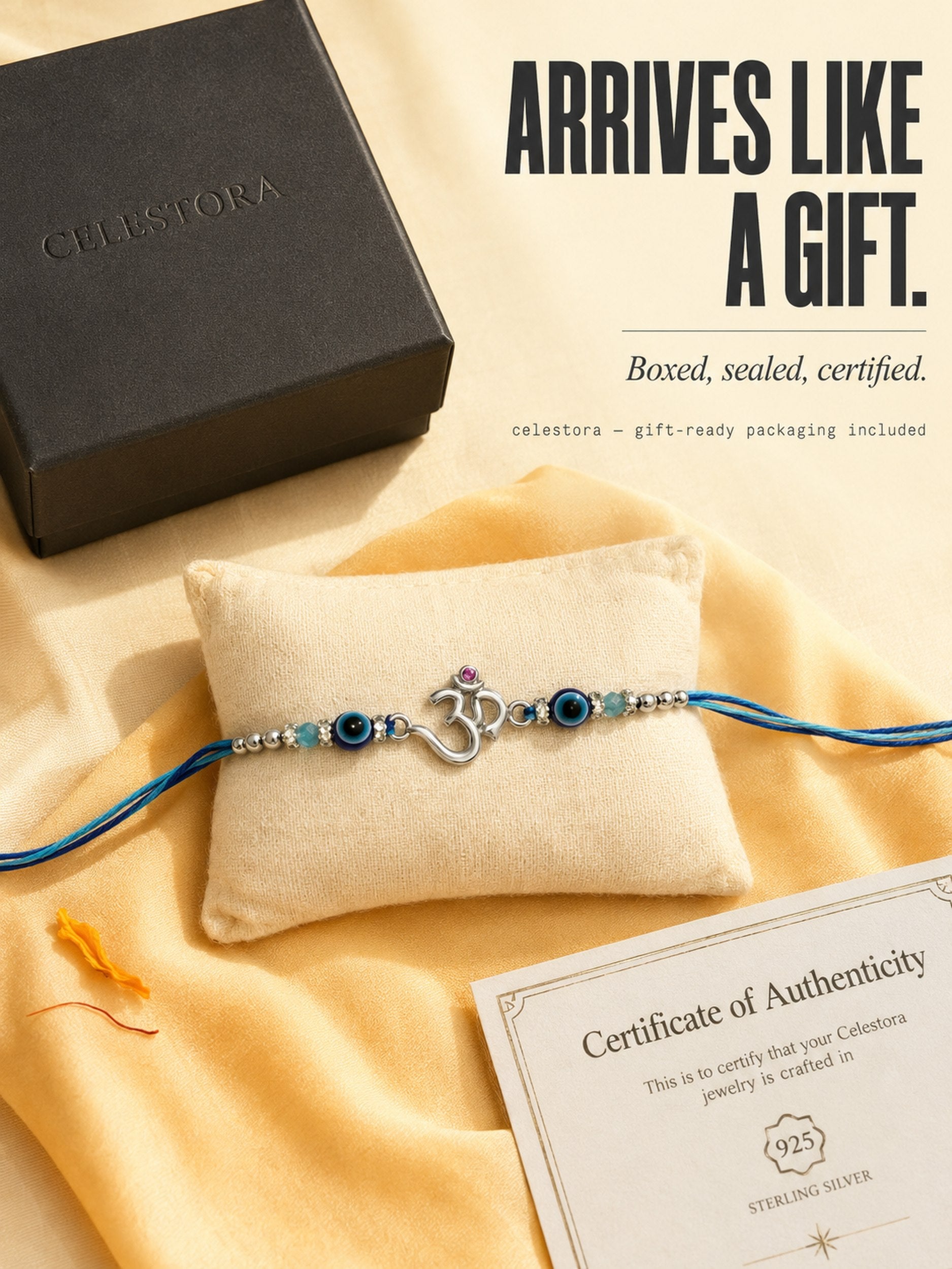 Celestora- Silver Om Evil Eye Premium Rakhi/ Bracelet
