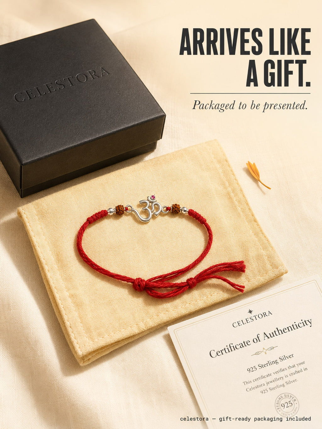 Celestora-Silver Om Rudra with traditional red-yellow sacred thread Rakhi/Bracelet