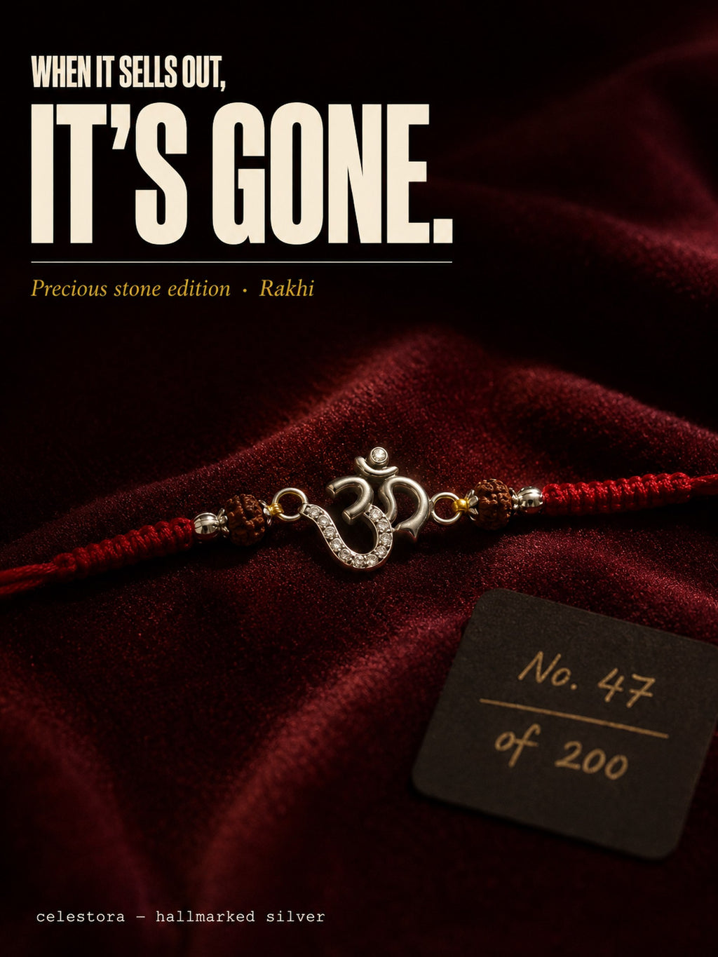 Celestora-Silver Om Rakhi with Rudraksha, CZ stones, and traditional Mauli thread