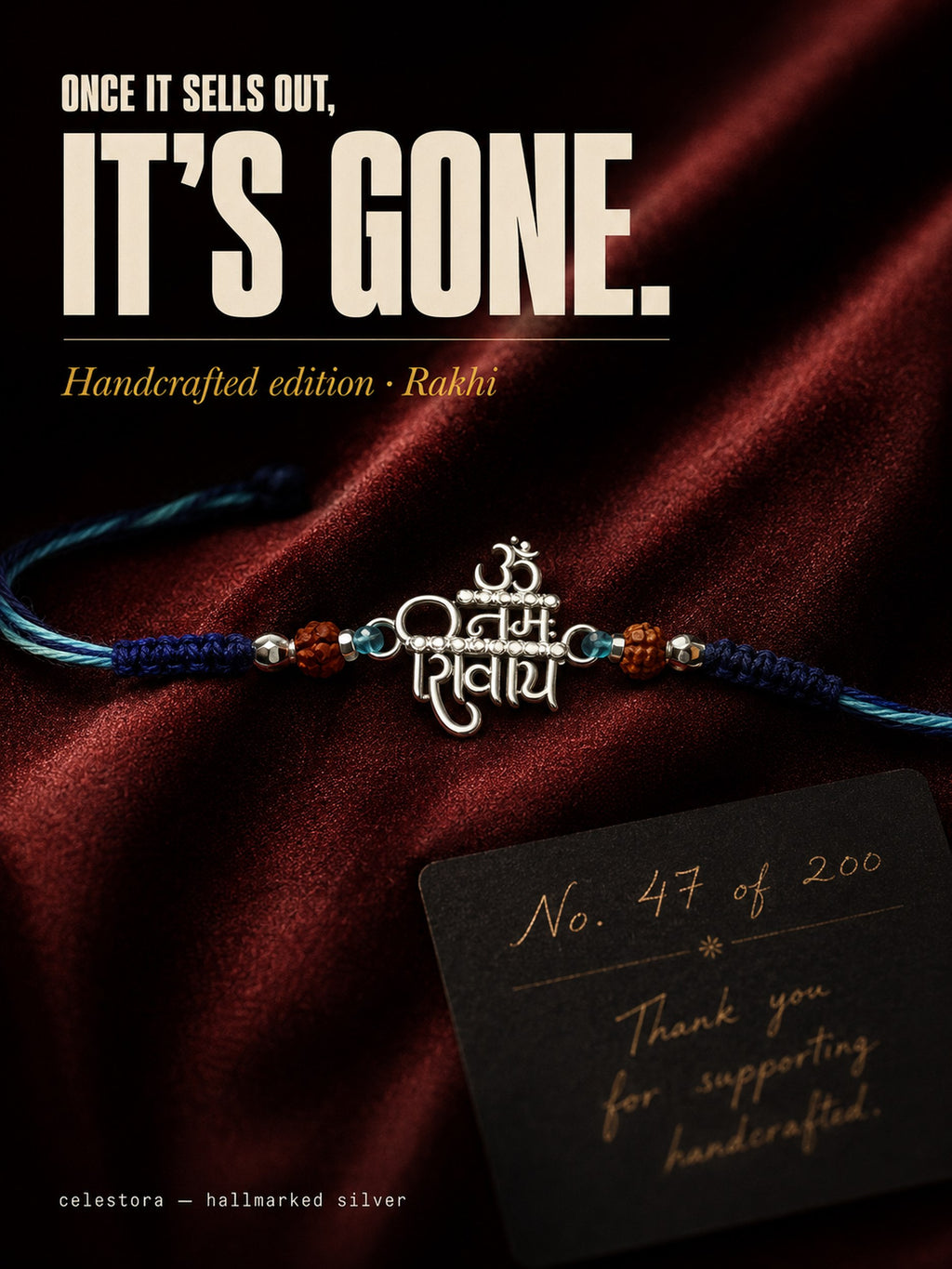 Celestora-Silver "Om Namah Shivaya" Rakhi/ Bracelet with glittering CZ stones, Rudraksha beads, and a blue sacred thread