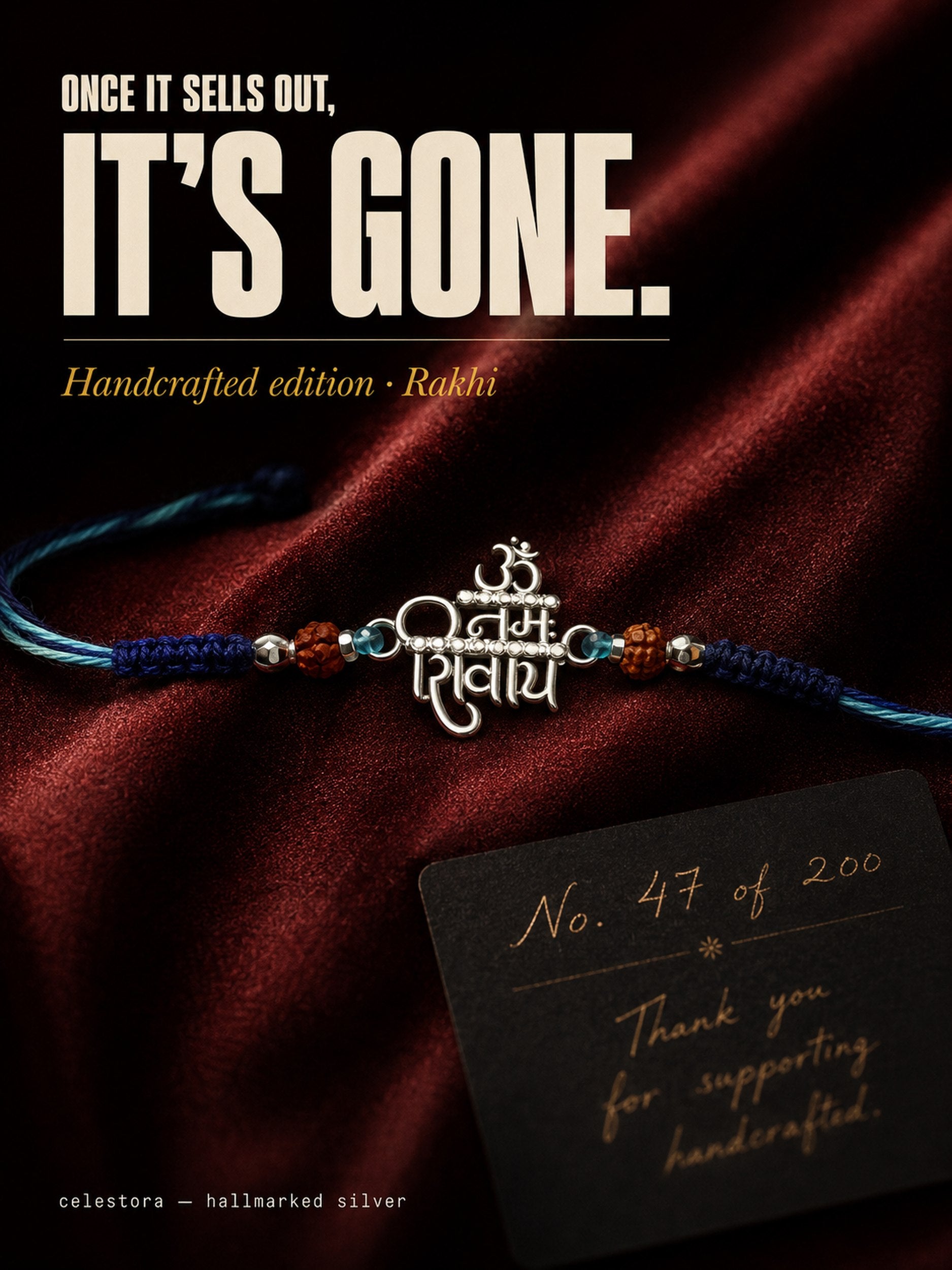 Celestora-Silver "Om Namah Shivaya" Rakhi/ Bracelet with glittering CZ stones, Rudraksha beads, and a blue sacred thread