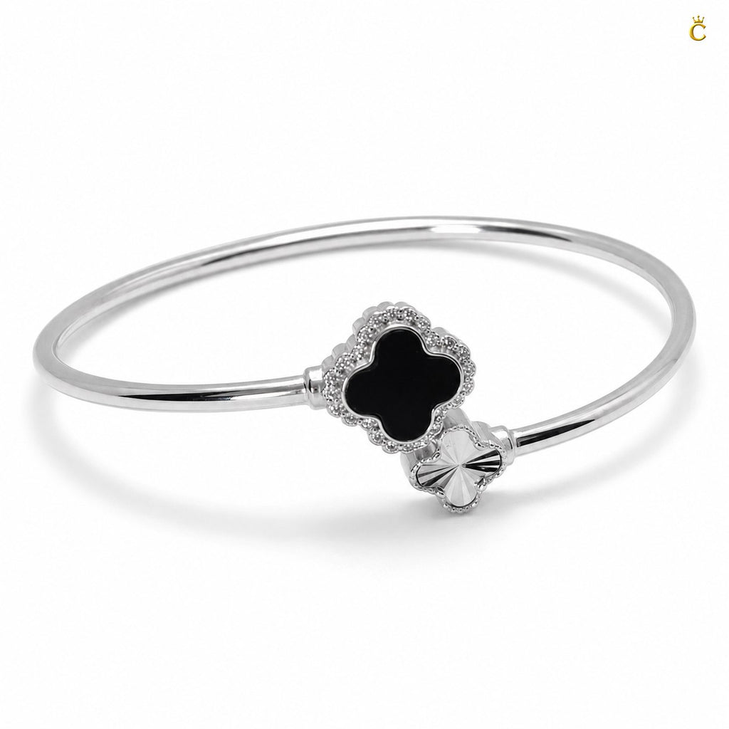 Celestora-Silver Open Cuff/Kada with a Black & Silver clover motif Vancliff design