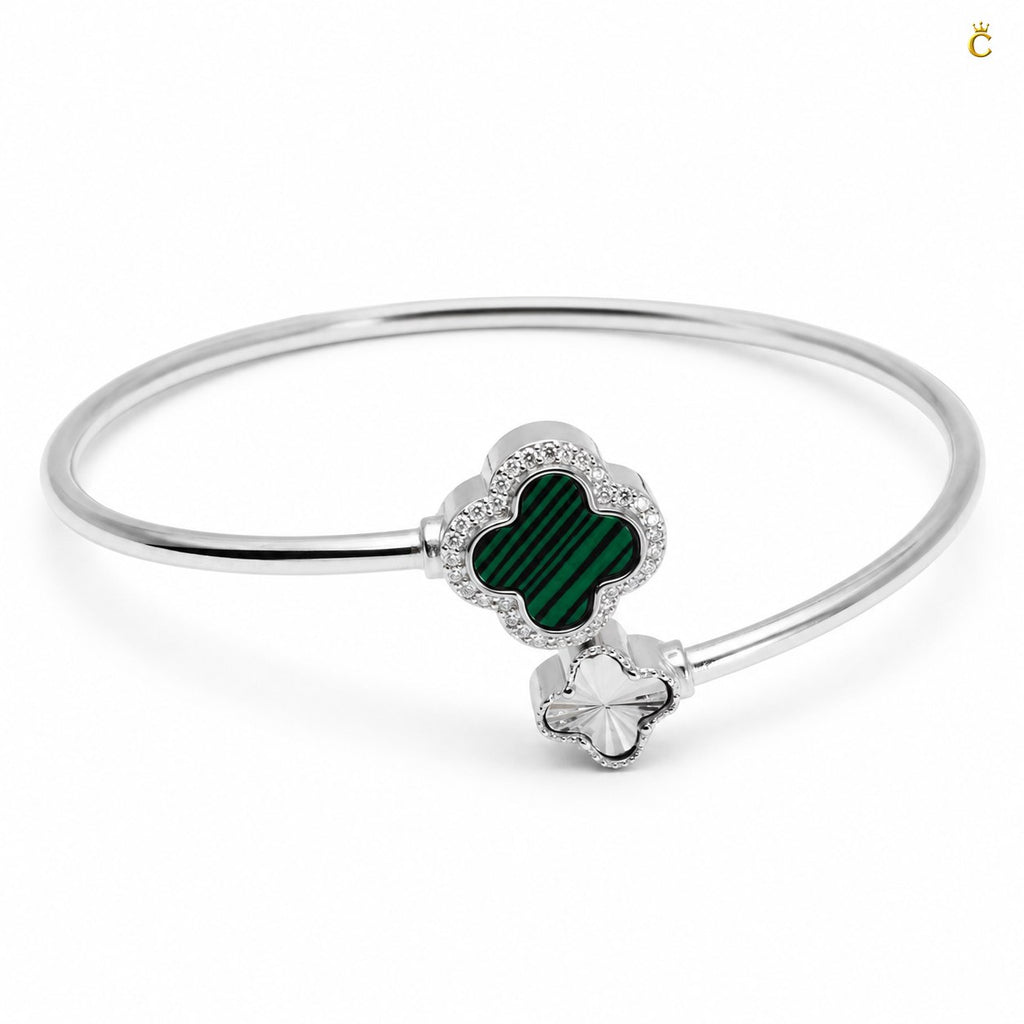Celestora-Silver Open Cuff /Kada Van-cliff design with a Green & Silver clover motif